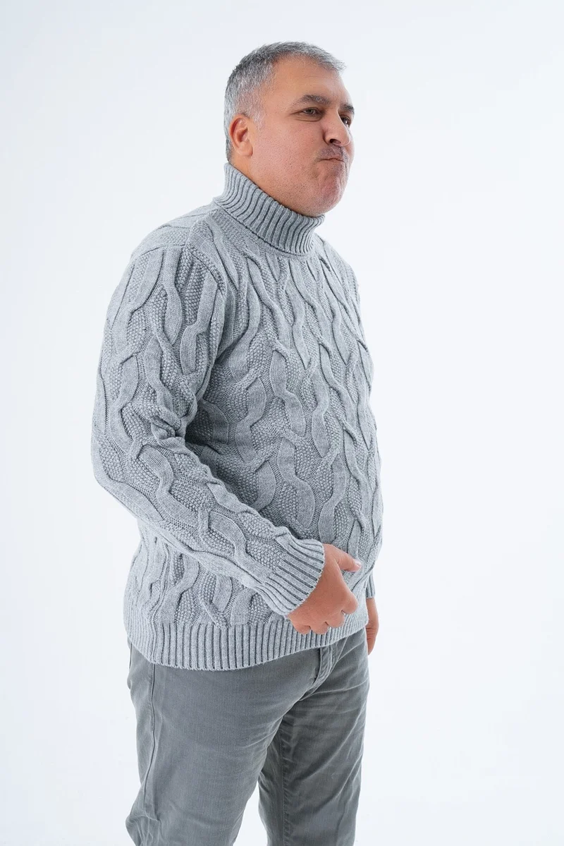 Trist Star Plus Size Men's Gray Turtleneck Rice Hair Knitted Wool Sweater Knitted Sweater TRIST-2118