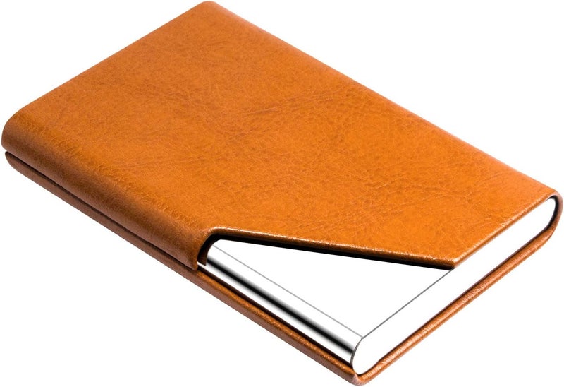 Padike Business Card Holder, Upgraded Leather Business Card Case Pocket Card Holders for Men or Women, Metal Slim Name Card Holder RFID Blocking Business Card Carrier with Magnetic Closure(Z-Orange) - Image 1