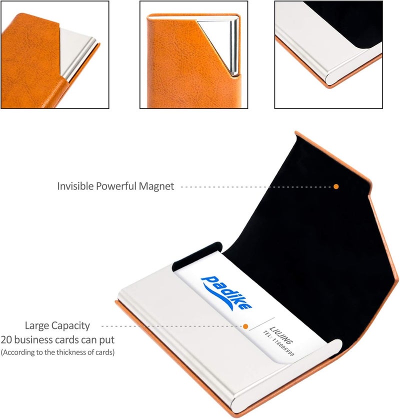 Padike Business Card Holder, Upgraded Leather Business Card Case Pocket Card Holders for Men or Women, Metal Slim Name Card Holder RFID Blocking Business Card Carrier with Magnetic Closure(Z-Orange) - Image 4
