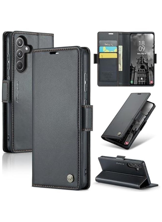 Generic Phone Case Compatible for Samsung Galaxy A55 5G, Protector Scratch Resistant Leather Kickstand Card Slots Money Pocket Black  - Image 1
