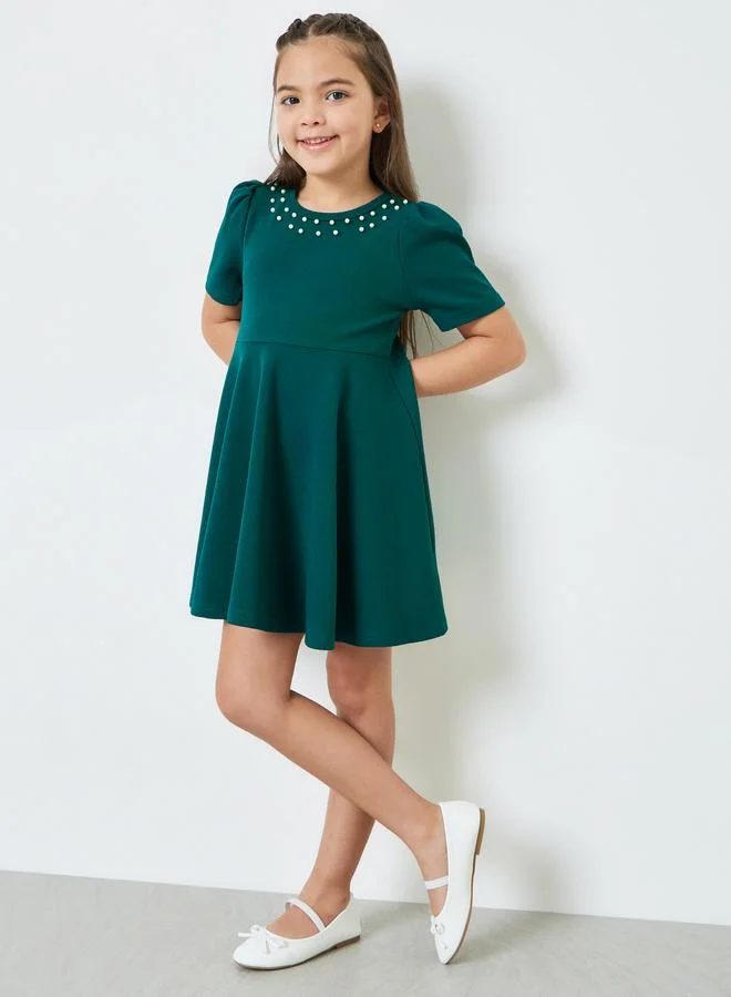 ستايلي Girls Embellished Puff Sleeve Dress