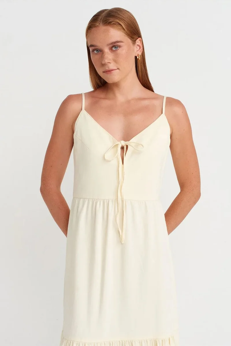 Dilvin Cream Natural DILVIN Sleeveless A-line Maxi Dress With Tie Front for Women | Best Price UAE