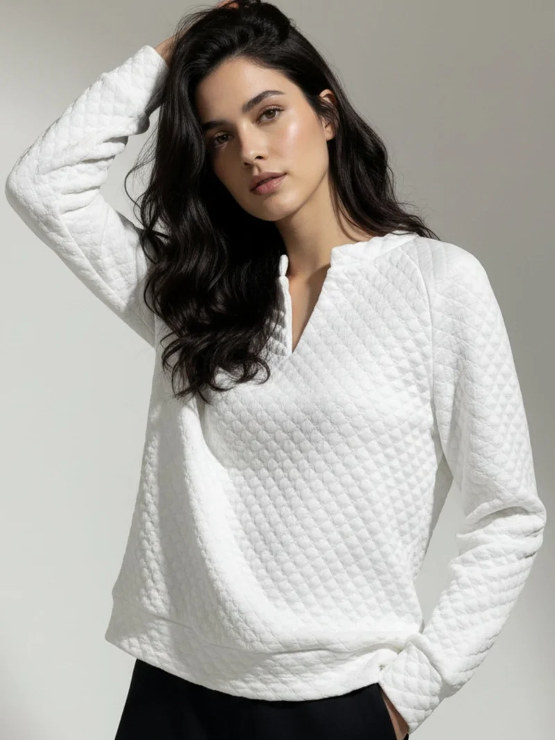 Outzidr White Textured V Neck Sweatshirt