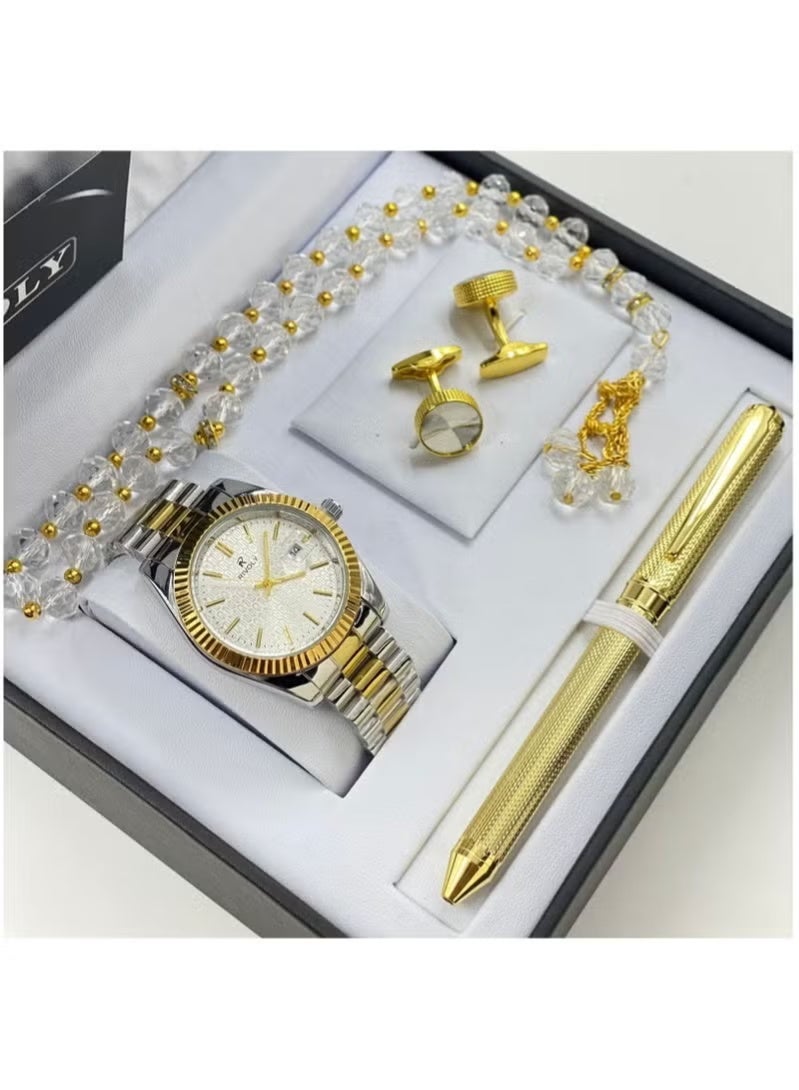 A wonderful stainless steel men's set consisting of a watch, a rosary, a pen and cufflinks half steel