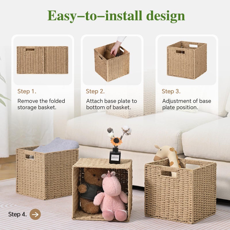 Patvingot Woven Wicker Storage Baskets 2-Pack, 11x11 Handwoven Paper Rope Organizer Bins, Foldable Cube Storage Cubes with Built-in Handles for Shelves and Closet Organization(Natural Beige) - Image 4