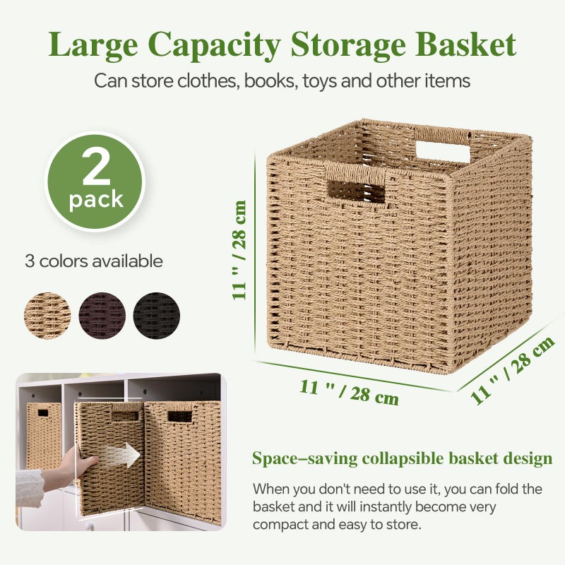 Patvingot Woven Wicker Storage Baskets 2-Pack, 11x11 Handwoven Paper Rope Organizer Bins, Foldable Cube Storage Cubes with Built-in Handles for Shelves and Closet Organization(Natural Beige) - Image 2