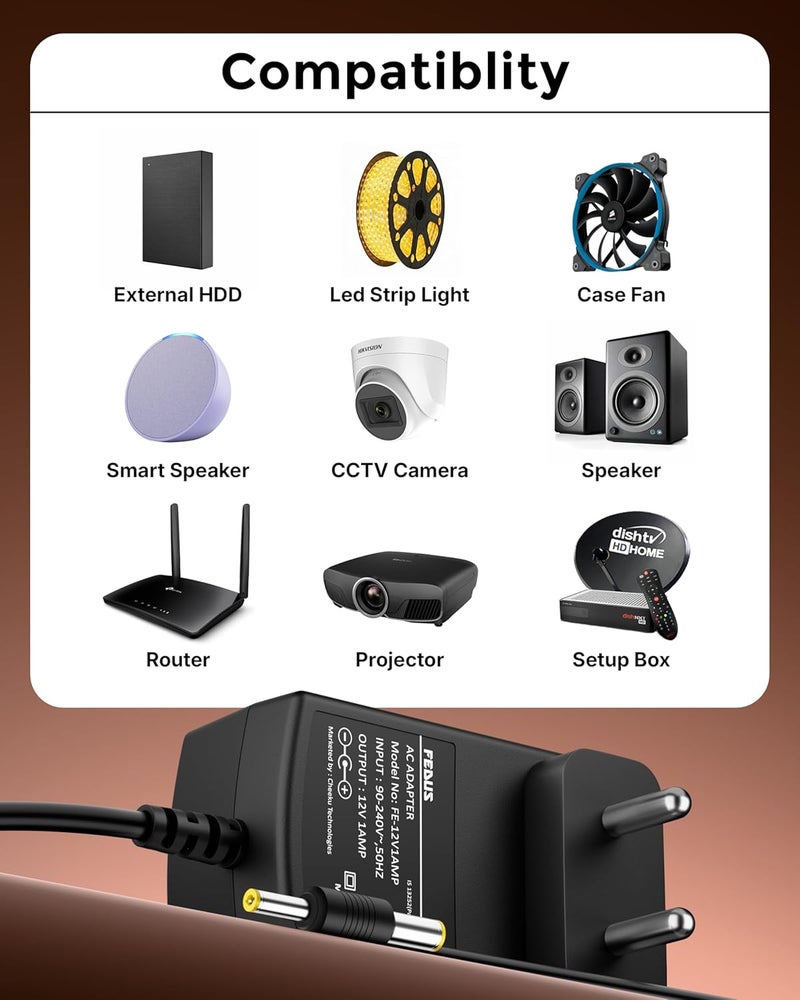 FEDUS محول طاقة تيار مستمر 12 فولت 1 أمبير، 12 فولت 1A SMPS لشاشات LCD، التلفاز، أضواء شريط LED، كاميرات CCTV، صندوق الإعداد، النطاق العريض، أجهزة التوجيه، DVR، NVR، إدخال AC 100-240V، إخراج DC 12 فولت 1 أمبير - Image 3