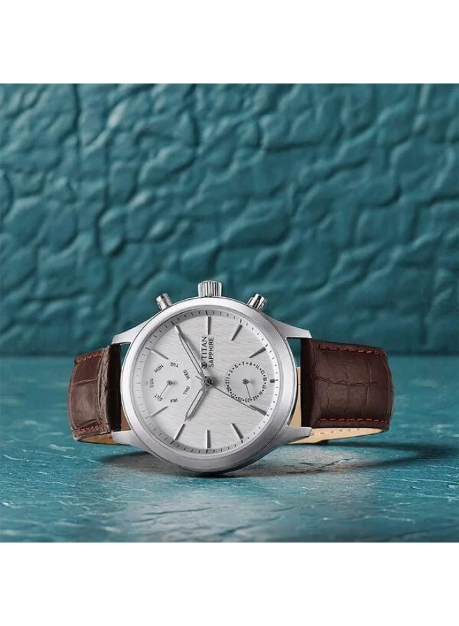 TITAN Sapphire Quartz Multifunction Silver Dial Brown Leather Strap Watch for Men - 1874SL03