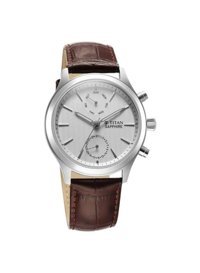 TITAN Sapphire Quartz Multifunction Silver Dial Brown Leather Strap Watch for Men - 1874SL03