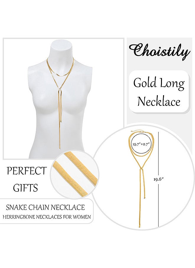 Depend Long Gold Necklace For Women Herringbone Necklace For Women Chunky Gold Necklaces Twist Snake Chain Necklace For Layered Lariat Y Necklace For Women Girls Gifts (Gold)  - Image 3