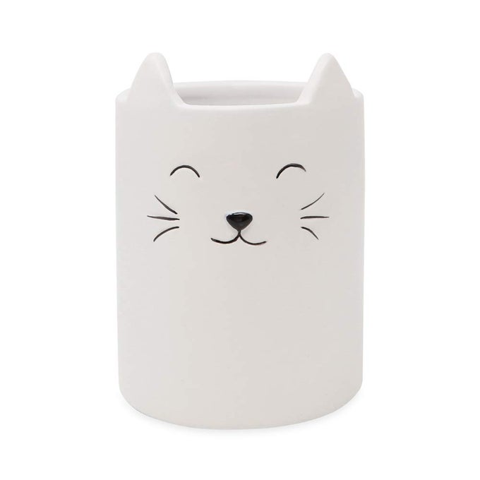 WHITE CERAMIC CAT MAKEUP BRUSH HOLDER MULTIPURPOSE CUP ORGANIZER BATHROOM KITCHEN BEDROOM OFFICE DCOR SINGLE CUP PASTEL WHITE