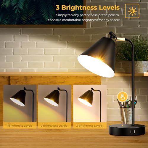 Brightever Industrial Dimmable Desk Lamp with 2 USB Charging Ports AC Outlet, Touch Control Bedside Nightstand Reading Lamp Flexible Head, Black Metal Table Lamp for Bedroom Office Living Room, Bulb Included - Image 3