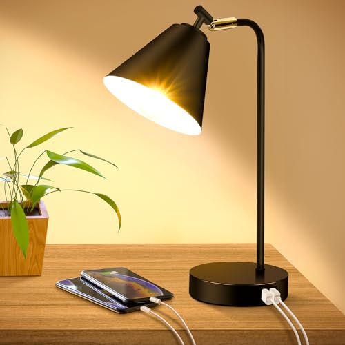 Brightever Industrial Dimmable Desk Lamp with 2 USB Charging Ports AC Outlet, Touch Control Bedside Nightstand Reading Lamp Flexible Head, Black Metal Table Lamp for Bedroom Office Living Room, Bulb Included - Image 1