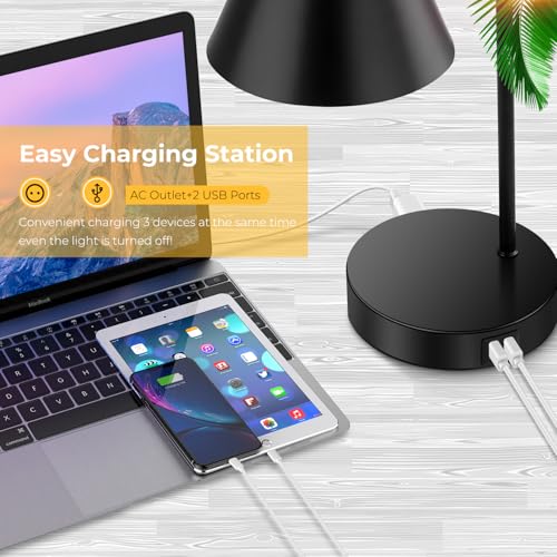 Brightever Industrial Dimmable Desk Lamp with 2 USB Charging Ports AC Outlet, Touch Control Bedside Nightstand Reading Lamp Flexible Head, Black Metal Table Lamp for Bedroom Office Living Room, Bulb Included - Image 4