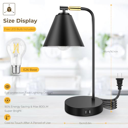 Brightever Industrial Dimmable Desk Lamp with 2 USB Charging Ports AC Outlet, Touch Control Bedside Nightstand Reading Lamp Flexible Head, Black Metal Table Lamp for Bedroom Office Living Room, Bulb Included - Image 5