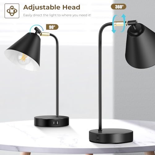 Brightever Industrial Dimmable Desk Lamp with 2 USB Charging Ports AC Outlet, Touch Control Bedside Nightstand Reading Lamp Flexible Head, Black Metal Table Lamp for Bedroom Office Living Room, Bulb Included - Image 2