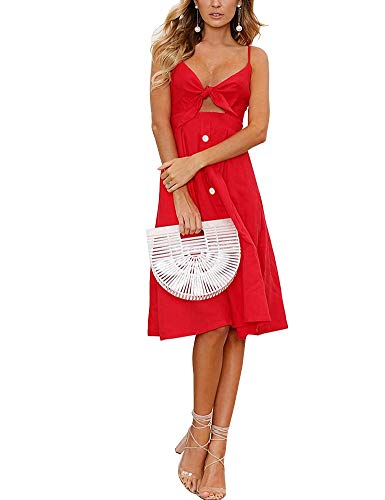 FANCYINN Womens Tie Front Dress Red Button Down Spaghetti Strap Midi Dress Christmas Red M - Image 3
