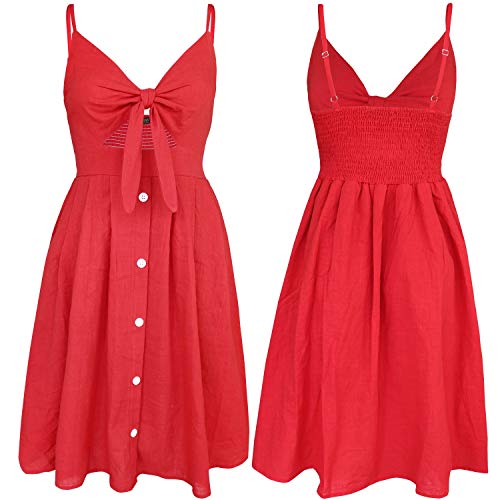 FANCYINN Womens Tie Front Dress Red Button Down Spaghetti Strap Midi Dress Christmas Red M - Image 4