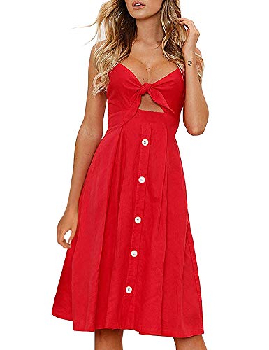 FANCYINN Womens Tie Front Dress Red Button Down Spaghetti Strap Midi Dress Christmas Red M - Image 1