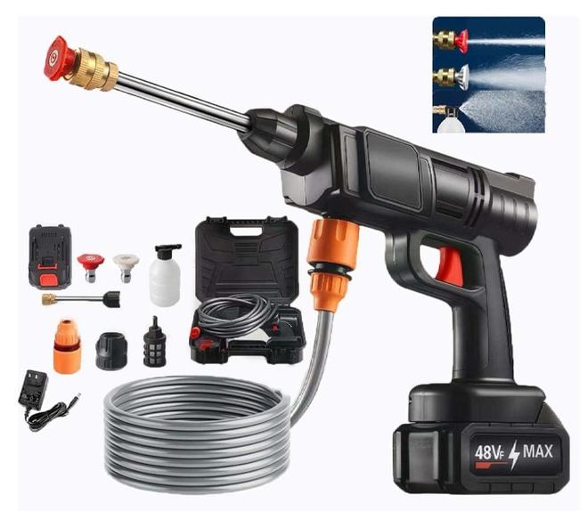 غسالة ضغط لاسلكية 48 فولت، مسدس رش ماء بضغط 30 بار، بطارية ليثيوم 48 فولت تدوم لفترة طويلة مع مشحونة بالكامل، غسالة محمولة عالية الضغط للسيارة لتنظيف السيارة/السياج/الجدار/السطح (48 فولت) - Image 1