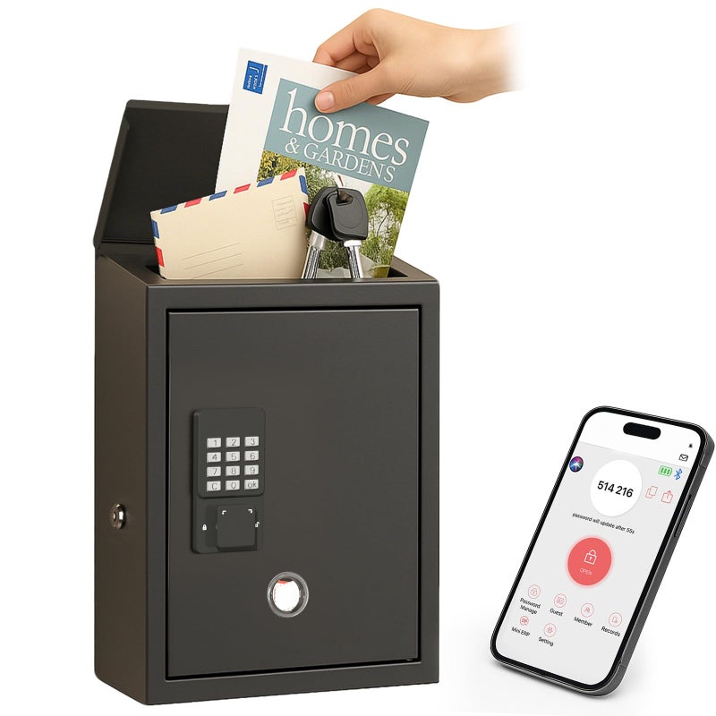 DiDiHere Mailbox with Electronic Lock, Locking Mail Boxes for House, Wall Mount Business Suggestion Box, Key Drop Box, One Time Code/Permanent Code/Spare Key Unlock, Large Capacity, Black, 14x4x10in - Image 1