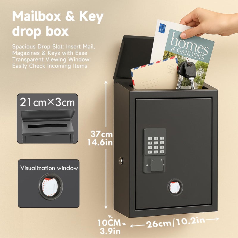 DiDiHere Mailbox with Electronic Lock, Locking Mail Boxes for House, Wall Mount Business Suggestion Box, Key Drop Box, One Time Code/Permanent Code/Spare Key Unlock, Large Capacity, Black, 14x4x10in - Image 4