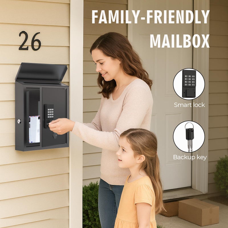 DiDiHere Mailbox with Electronic Lock, Locking Mail Boxes for House, Wall Mount Business Suggestion Box, Key Drop Box, One Time Code/Permanent Code/Spare Key Unlock, Large Capacity, Black, 14x4x10in - Image 3