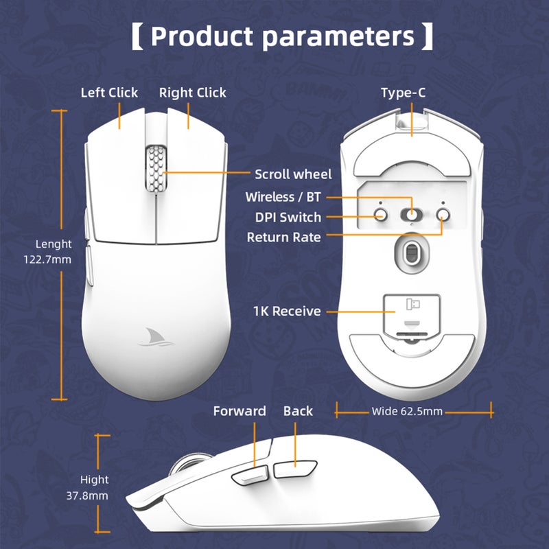 ماوس ألعاب إلكترونية Darmoshark M3s Mini تردد 2 كيلو هرتز قابلة لإعادة الشحن بالسلك و اللاسلكي 2.4 جيجا و بلوتوث 5.0 و دقة 26000 نقطة في البوصة بمستشعر بصري PAW3395 لحواسيب اللابتوب و لاعب الألعاب - Image 4