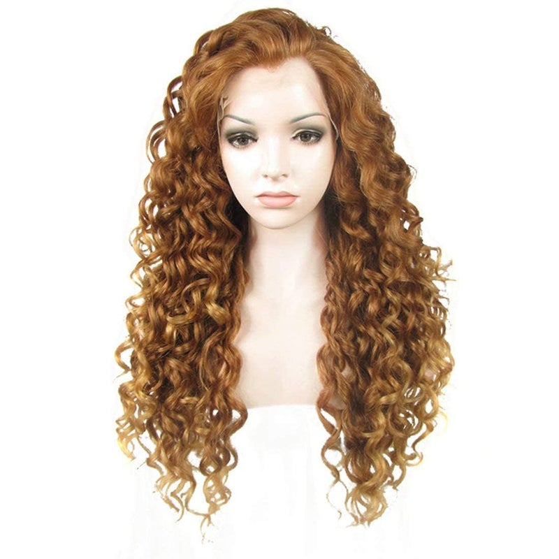 Ebingoo Brown Blonde Lace Front Wig for Women Wig Cap Honey Blonde Wig Lace Front Blonde Curly Wig Blonde Curly Lace Front Wig Synthetic Wig Caramel Hair Wig for Women Girls Daily Wear