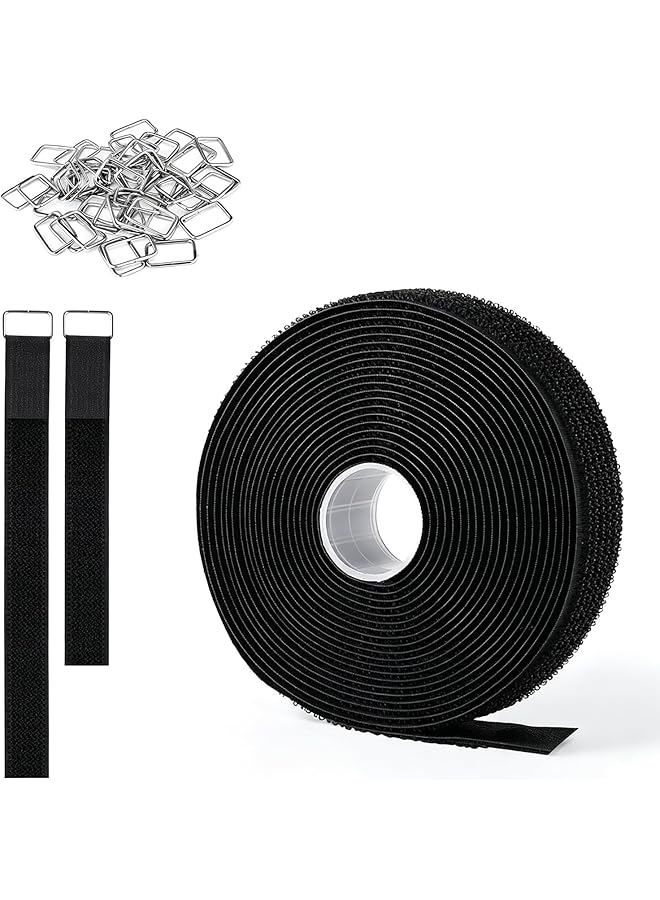 S-TOP 2cm x 5m Hook and Loop Cable Ties with 25 Metal Buckles - Reusable Adjustable Straps for Cord Management, Black Cinch Straps for Wires, Cables, Hoses - Image 1