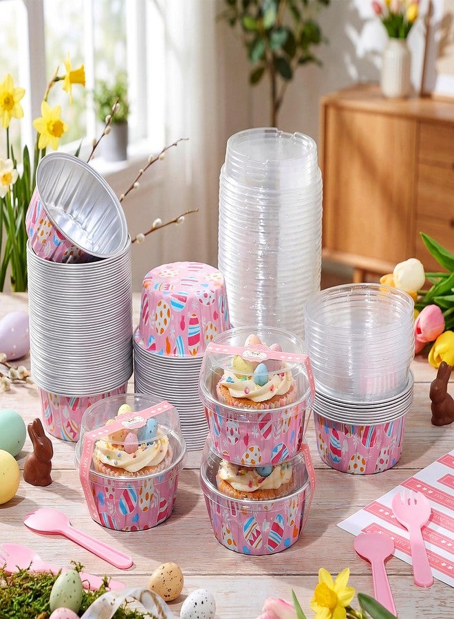 Willinglong 30 Pcs Easter Eggs Mini Cake Pans with Lids Spoons Sticker 5oz Loaf Pans Disposable Round Aluminum Foil Baking Holders Muffin Cupcake Cups for Easter Parties Events and Picnics - Image 3