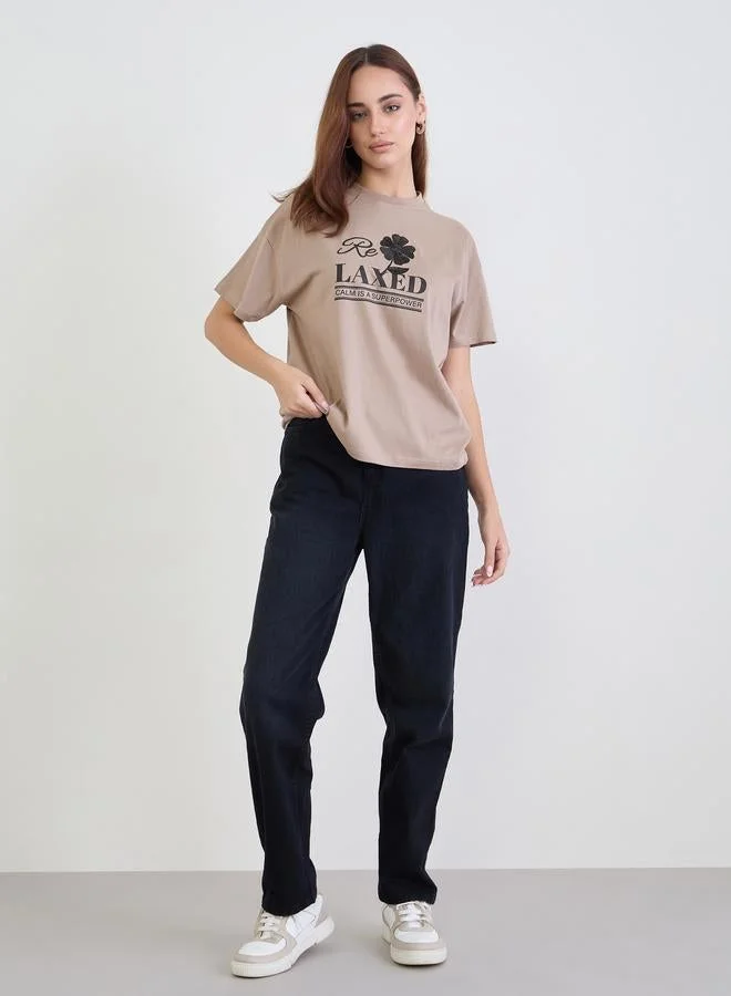 Styli Beige Embroidered Slogan Boxy 100% Cotton T-Shirt