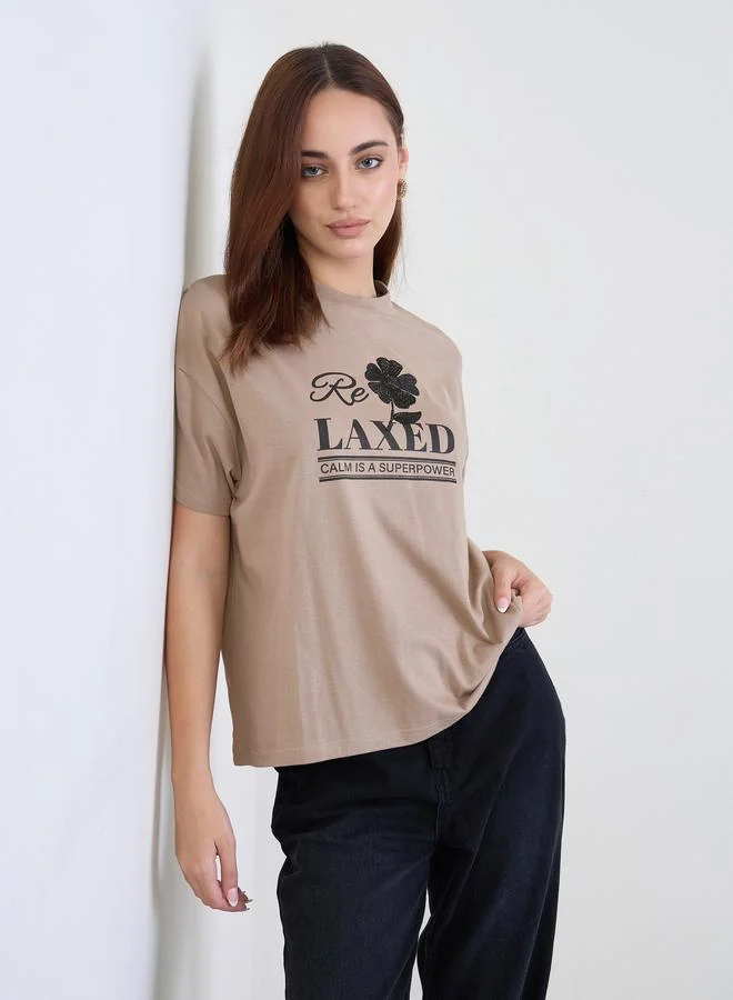 Styli Beige Embroidered Slogan Boxy 100% Cotton T-Shirt