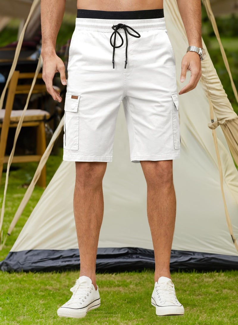 JMIERR Mens Casual Twill Cargo Shorts Cotton Drawstring Classic Cargo Chino Stretch Short with 6 Pockets for Men, US38(XL), A White - Image 2