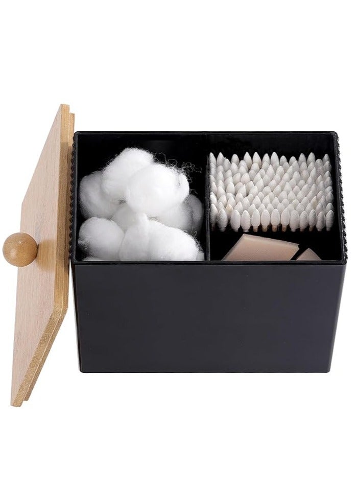 Arabest Holder with Bamboo Lids, 3 Compartments Cotton Ball/Swabs Dispenser, Apothecary Jar Plastic Container for Storage and Organizer (Black) - Image 1