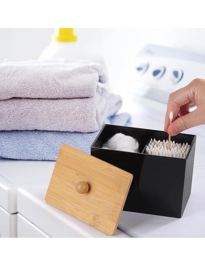 Arabest Holder with Bamboo Lids, 3 Compartments Cotton Ball/Swabs Dispenser, Apothecary Jar Plastic Container for Storage and Organizer (Black) - Image 2