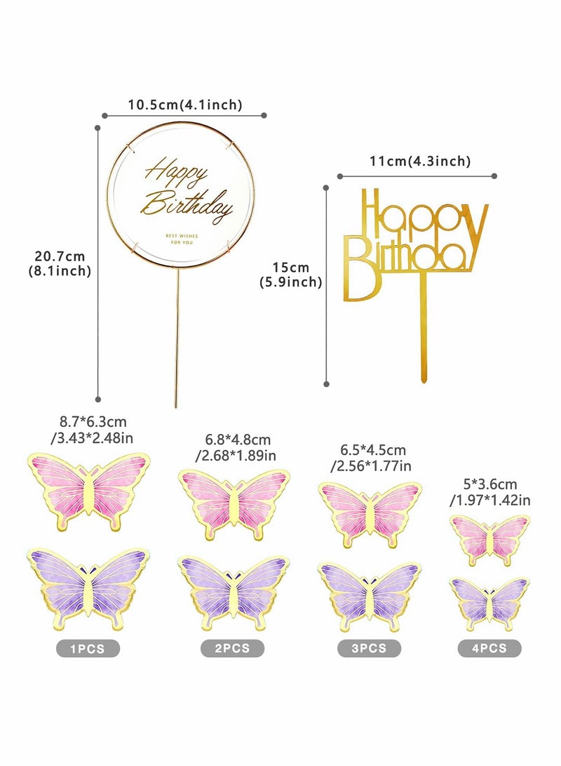 22-Piece Purple and Pink Butterfly Cake Decoration Set with Happy Birthday Acrylic Toppers for Baby Showers and Birthday Parties - Image 3