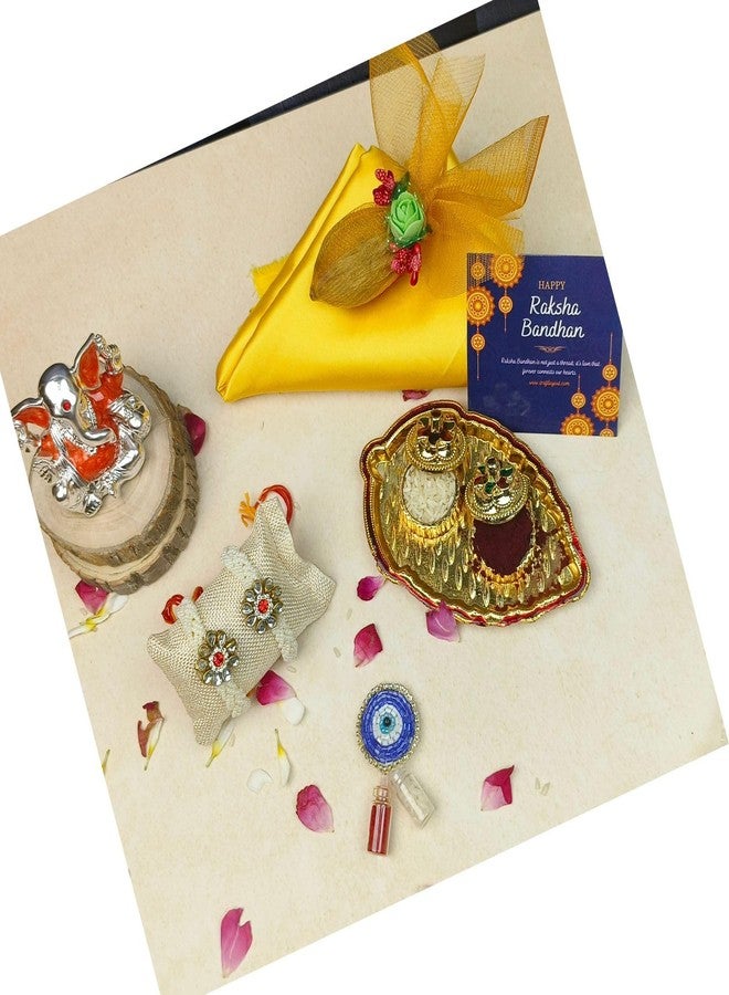 Craftlayout Set of 2 Handmade Stone Designer Rakhi for Brother - Multicolor Thread & Bead Rakhi Gift Combo with Ganesh Idol, Evil Eye Roli Chawal Box, Greeting Card & Decorative Shubh Nariyal - Image 1