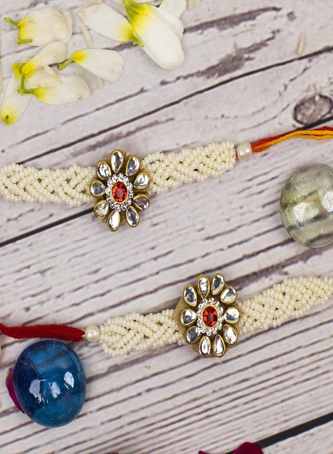 Craftlayout Set of 2 Handmade Stone Designer Rakhi for Brother - Multicolor Thread & Bead Rakhi Gift Combo with Ganesh Idol, Evil Eye Roli Chawal Box, Greeting Card & Decorative Shubh Nariyal - Image 2