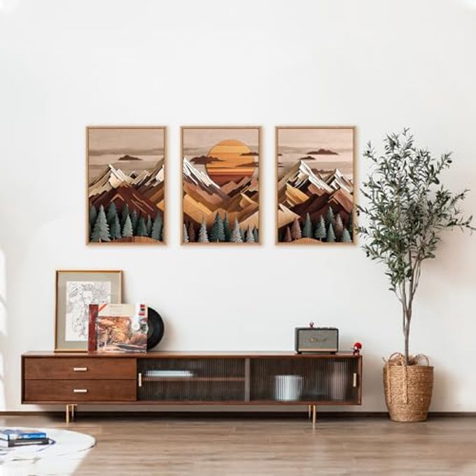 KAIRNE Woodcut Style Mountain Framed Canvas Wall Art Set,Wooden Pine Tree Wall Decor,Vintage Forest Landscape Art Prints,Nature Sunrise Artwork for Living Room,Bedroom,Farmhouse,Office-16 x24 x3 - Image 3