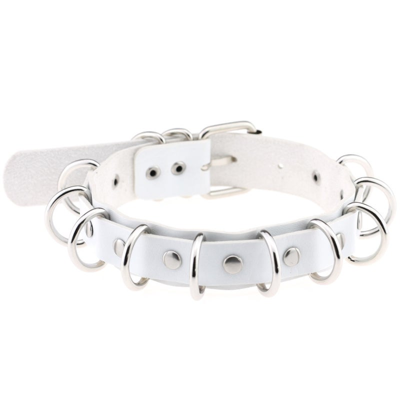 Punk Style Double Layer Leather Necklace With Multiple Rings Exaggerated Gold Metal Neck Ring Direct Manufacturer Sales White 