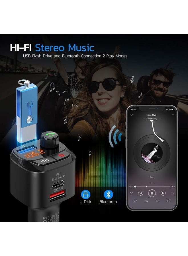 nulaxy Bluetooth 5.0 FM Transmitter for Car, QC3.0 & USB-C PD 18W Wireless Bluetooth Radio Adapter Music Player Car Kit with Bass Booster, Hands-Free Calls-NX12 - Image 4