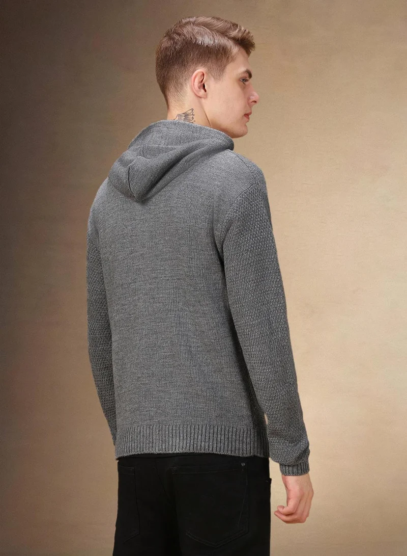 Dennis Lingo Men's Grey Melange 100% Acrylic Solid Cardigan Regular Fit Sweater