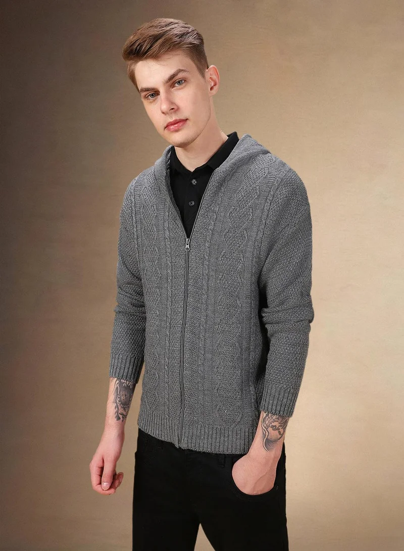 دينيس لينغو Men's Grey Melange 100% Acrylic Solid Cardigan Regular Fit Sweater