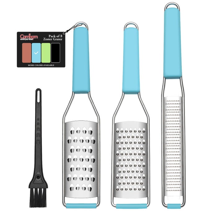 LEMON ZESTER GRATER THREEPIECE SUIT HEAVY DUTY KITCHEN TOOL FOR PARMESAN CHEESE GINGER GARLIC NUTMEG CHOCOLATE VEGETABLESFRUITSSTAINLESS STEEL GRATER DISHWASHER SAFE BLUE