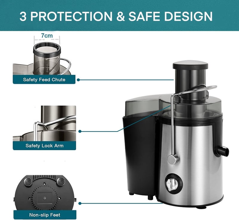 AMINAC Juicer Machine, 800W Centrifugal Juicer Extractor with Wide Mouth 70mm Feed Chute for Fruit Vegetable, Large 1.5L Pulp Container, Dual Speed Control, Easy to Clean, Stainless Steel - Image 4