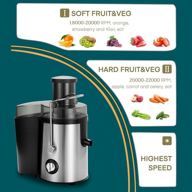 AMINAC Juicer Machine, 800W Centrifugal Juicer Extractor with Wide Mouth 70mm Feed Chute for Fruit Vegetable, Large 1.5L Pulp Container, Dual Speed Control, Easy to Clean, Stainless Steel - Image 2