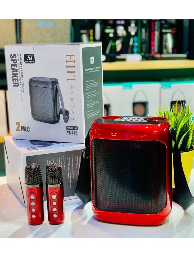 يس YS-220 مكبر صوت كاريوكي خارجي مزود بحزام كبير مع ميكروفون لاسلكي مزدوج UHF باللون الأحمر  - Image 2