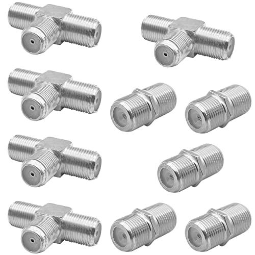 CKANDAY 10 Pack RG6 Coax Coaxial Cable Extender and F Type RG6 Female to 2 Female 3 Way Coax Cable T Splitter Adapter, Coaxial Cable Connector T Shape and Female to Female for TV Video VCR Antenna Satellite - Image 1