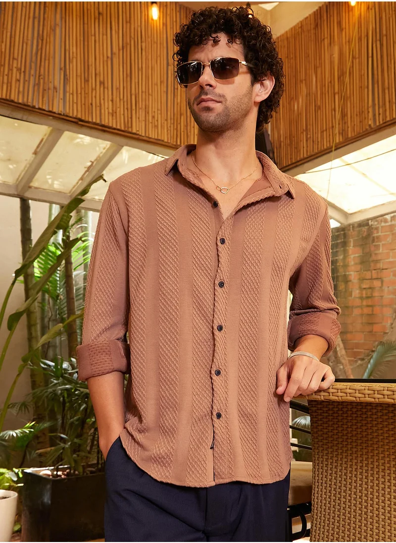 Campus Sutra Men's Tan Brown Scale-Tactile Shirt